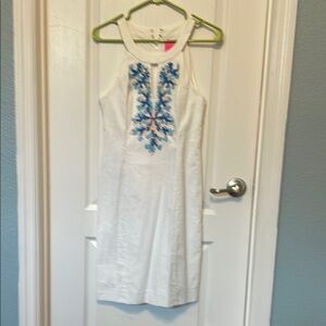 Lilly Pulitzer White Dress with Blue Floral Embroidery